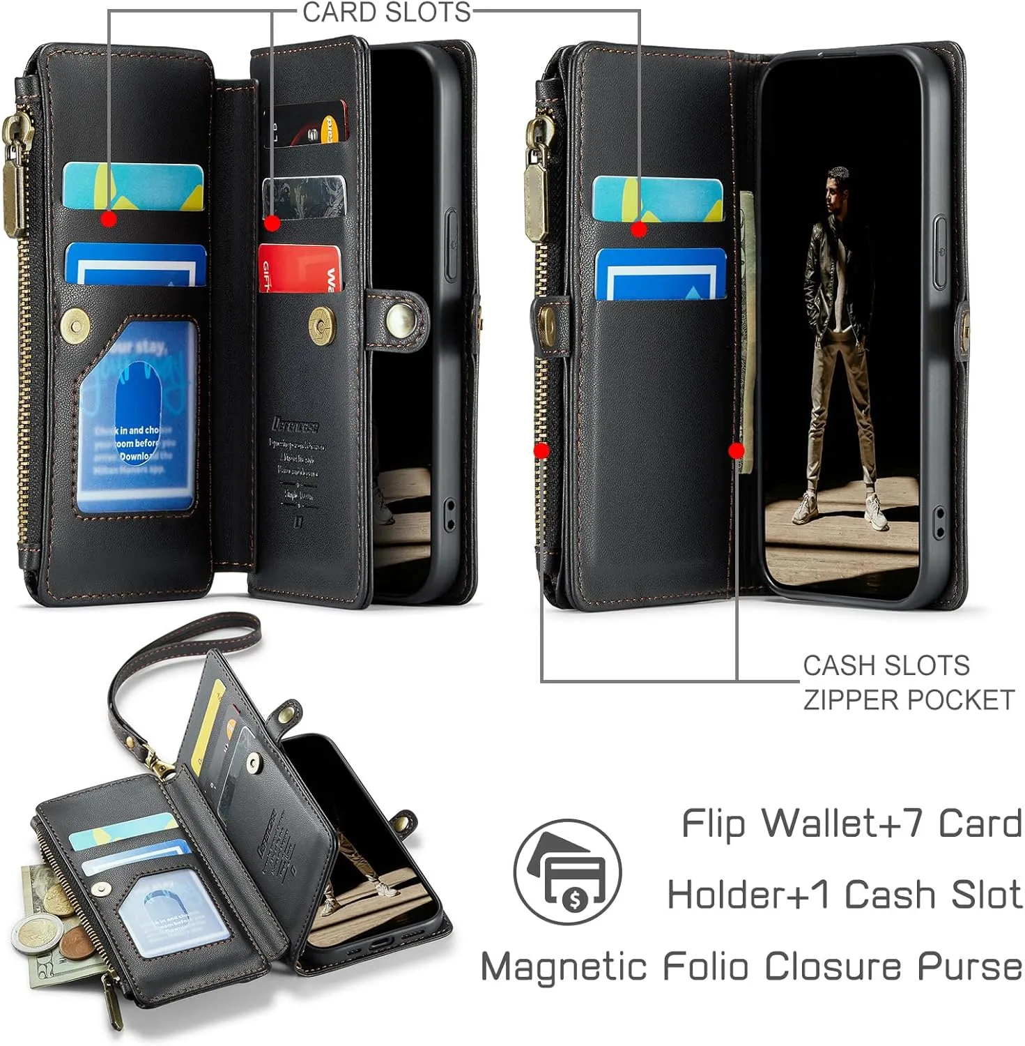 Defencase for iPhone 16E Case Wallet with RFID Blocking Card Holder Slots for Women Men, Elegant PU Leather Magnetic Snap Flip Wristlet Strap Zipper Wallet Phone Cases for iPhone 16e 2025, Black