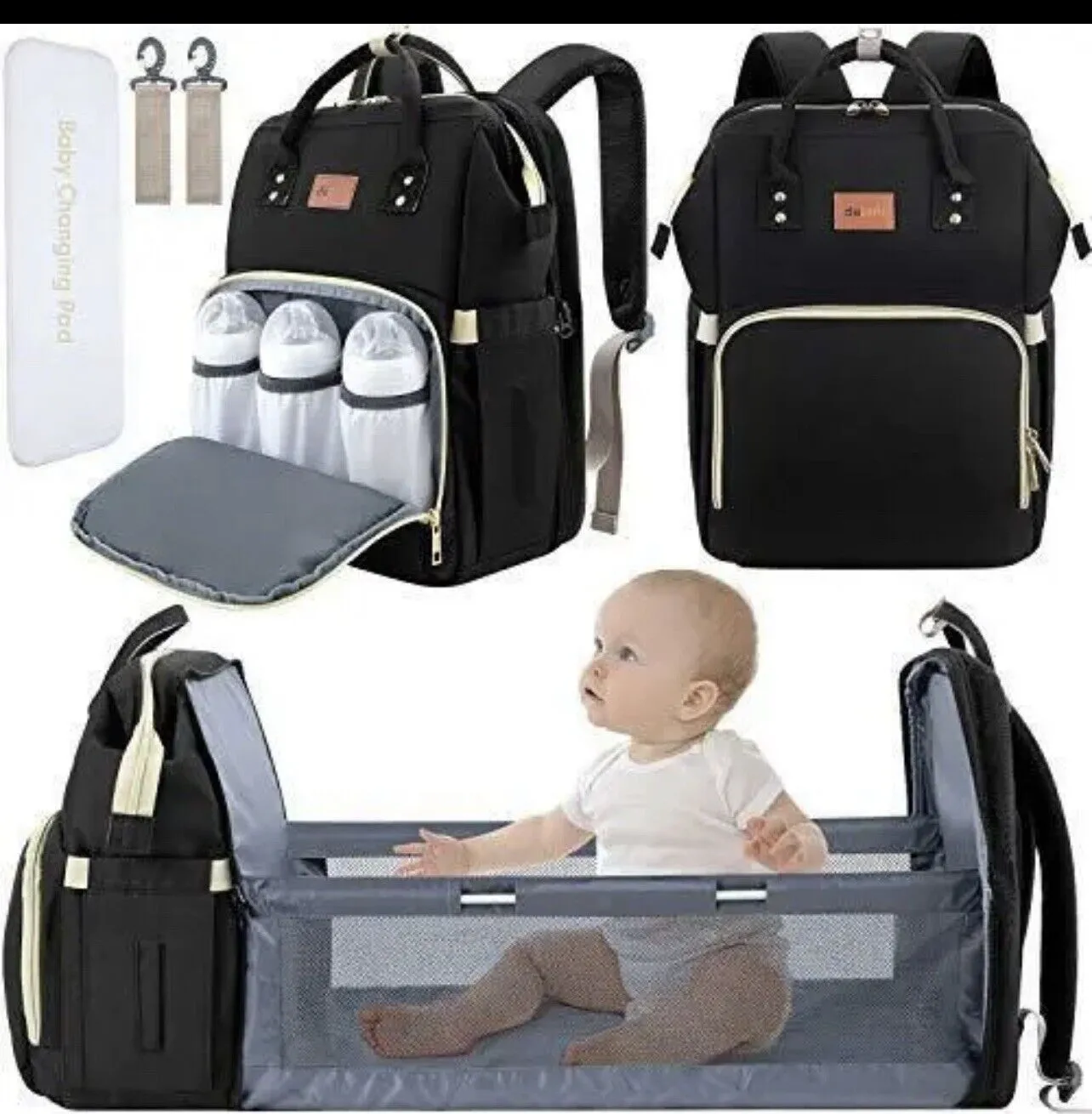 Diaper Bag Backpack with Bassinet black and silver