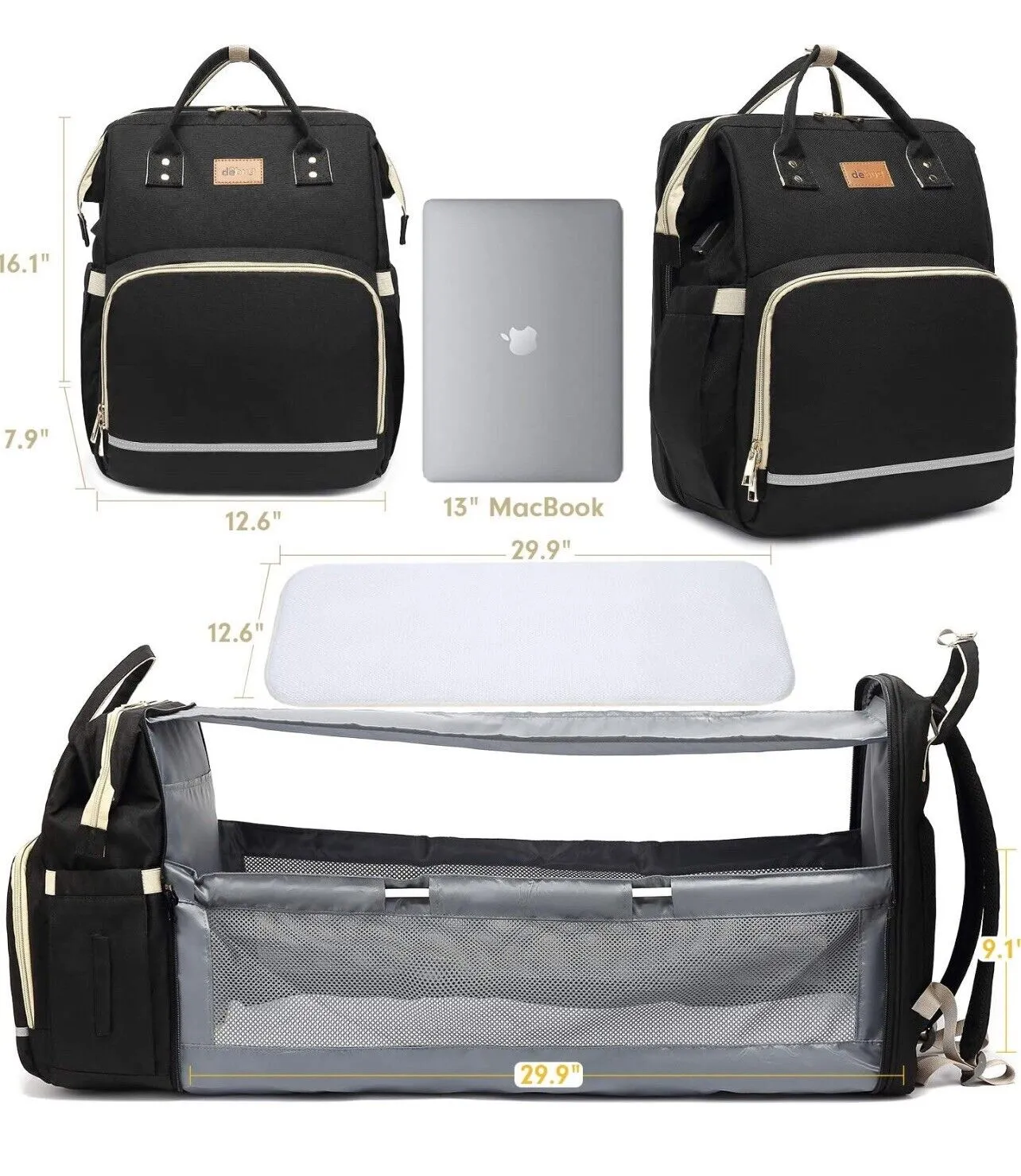 Diaper Bag Backpack with Bassinet black and silver