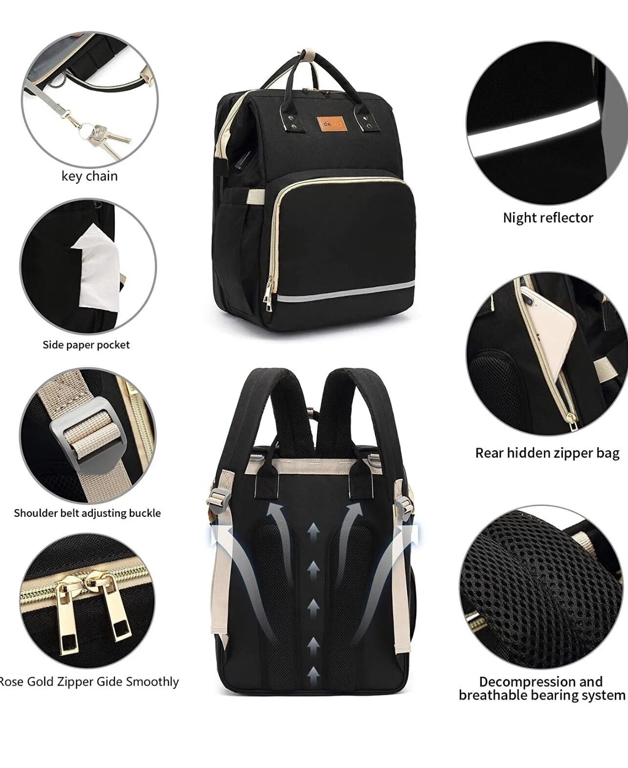 Diaper Bag Backpack with Bassinet black and silver