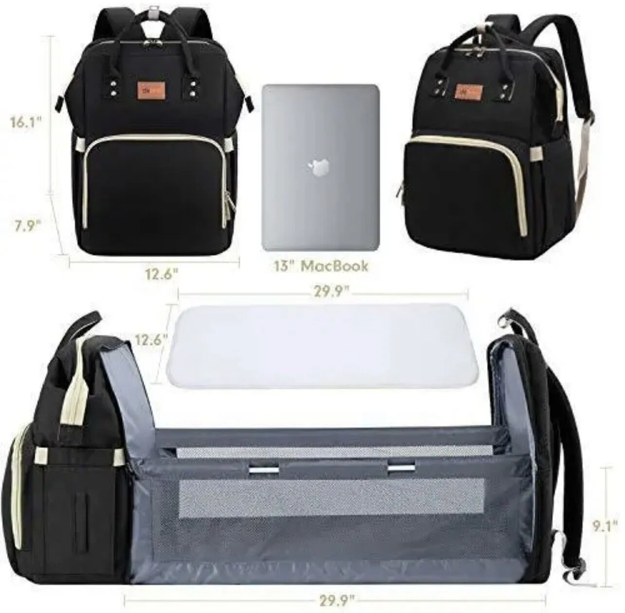 Diaper Bag Backpack with Bassinet black and silver