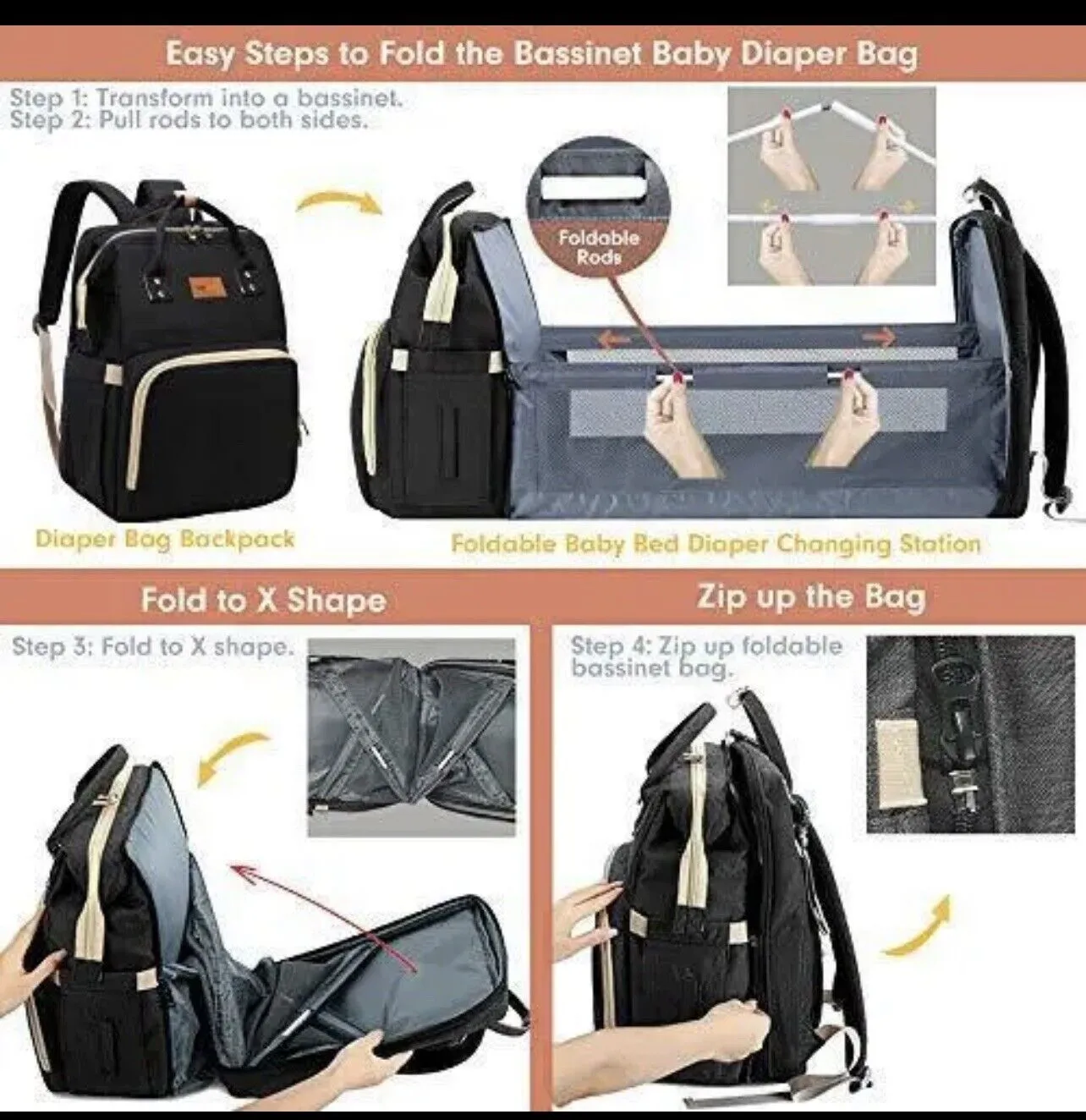 Diaper Bag Backpack with Bassinet black and silver