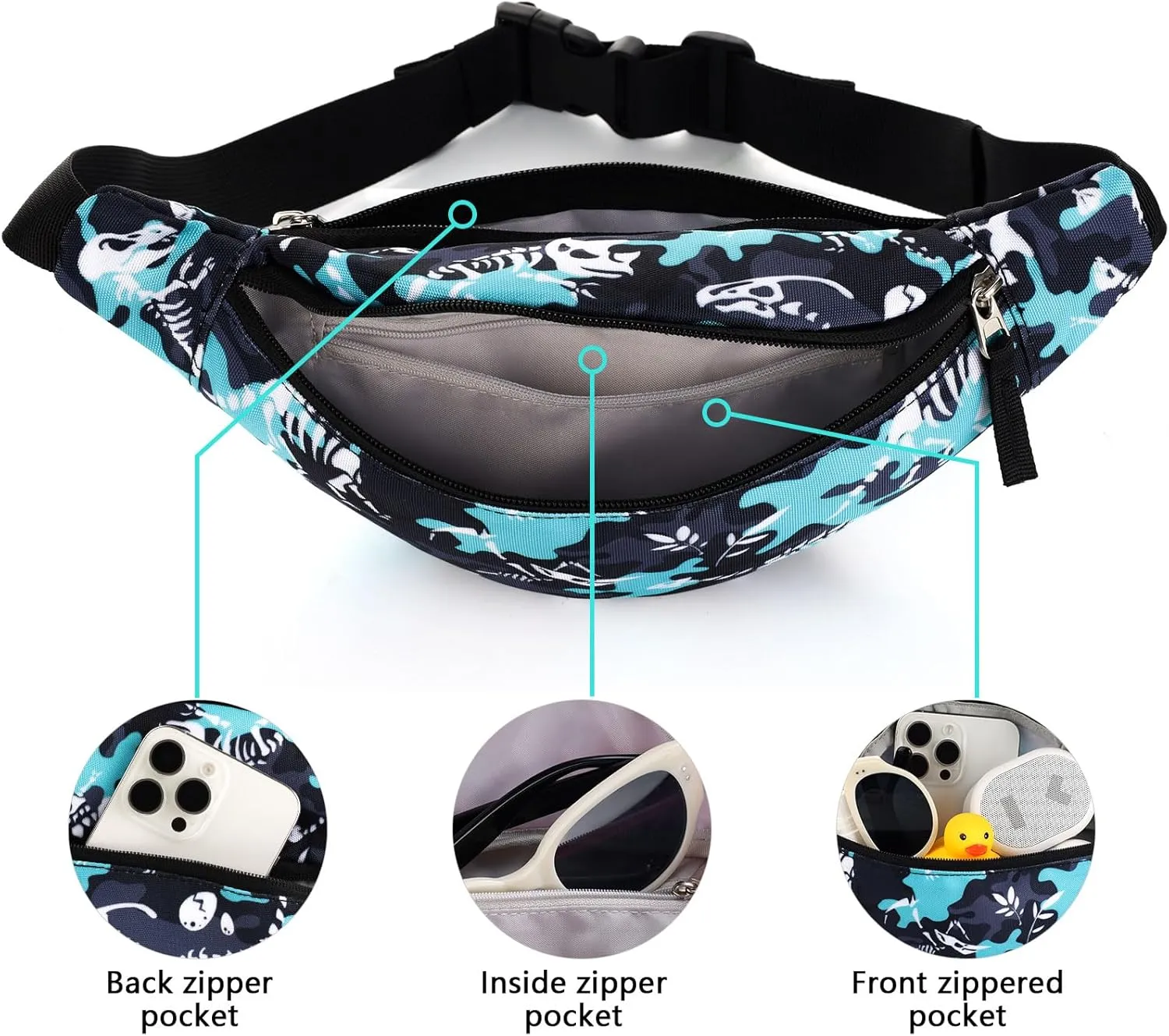 Dinosaur Kids Fanny Pack for Boys, Travel Small Waist Bag Crossbody Belt Bag for Little Boys Toddler Cute Fanny Bag, Black