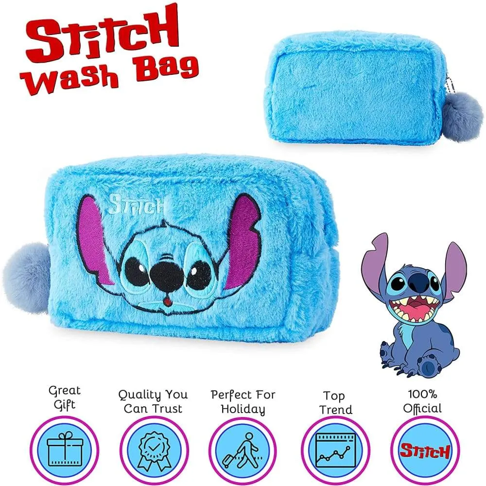Disney Lilo and Stitch Plush Makeup Bag with Fluffy Pom Pom for Women Or Girls