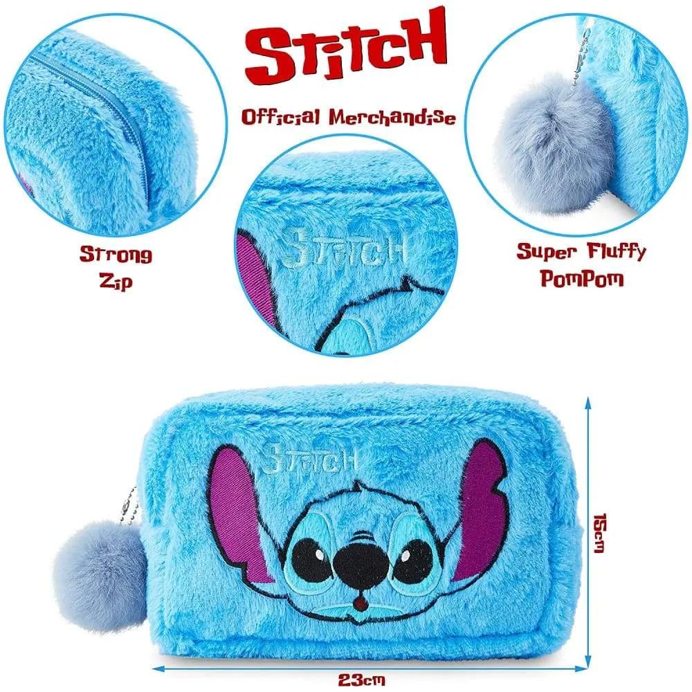 Disney Lilo and Stitch Plush Makeup Bag with Fluffy Pom Pom for Women Or Girls