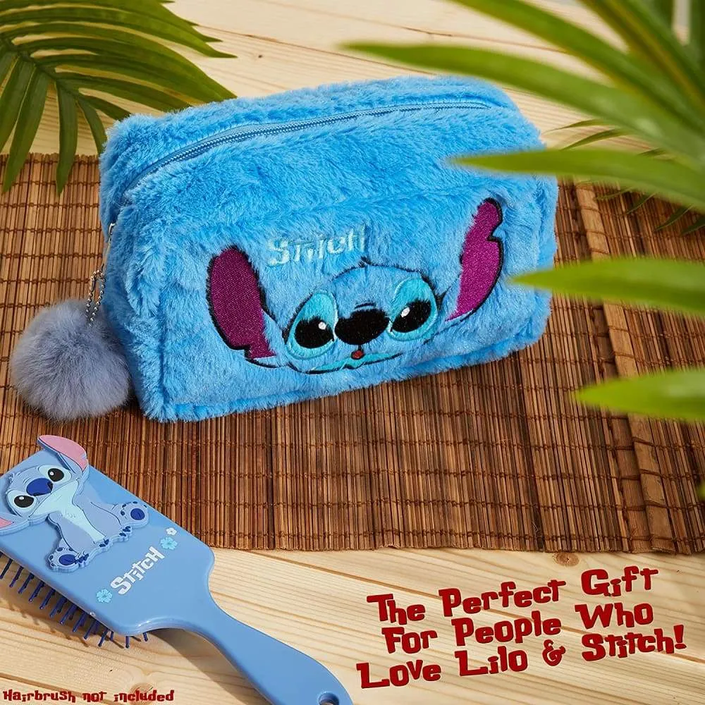 Disney Lilo and Stitch Plush Makeup Bag with Fluffy Pom Pom for Women Or Girls