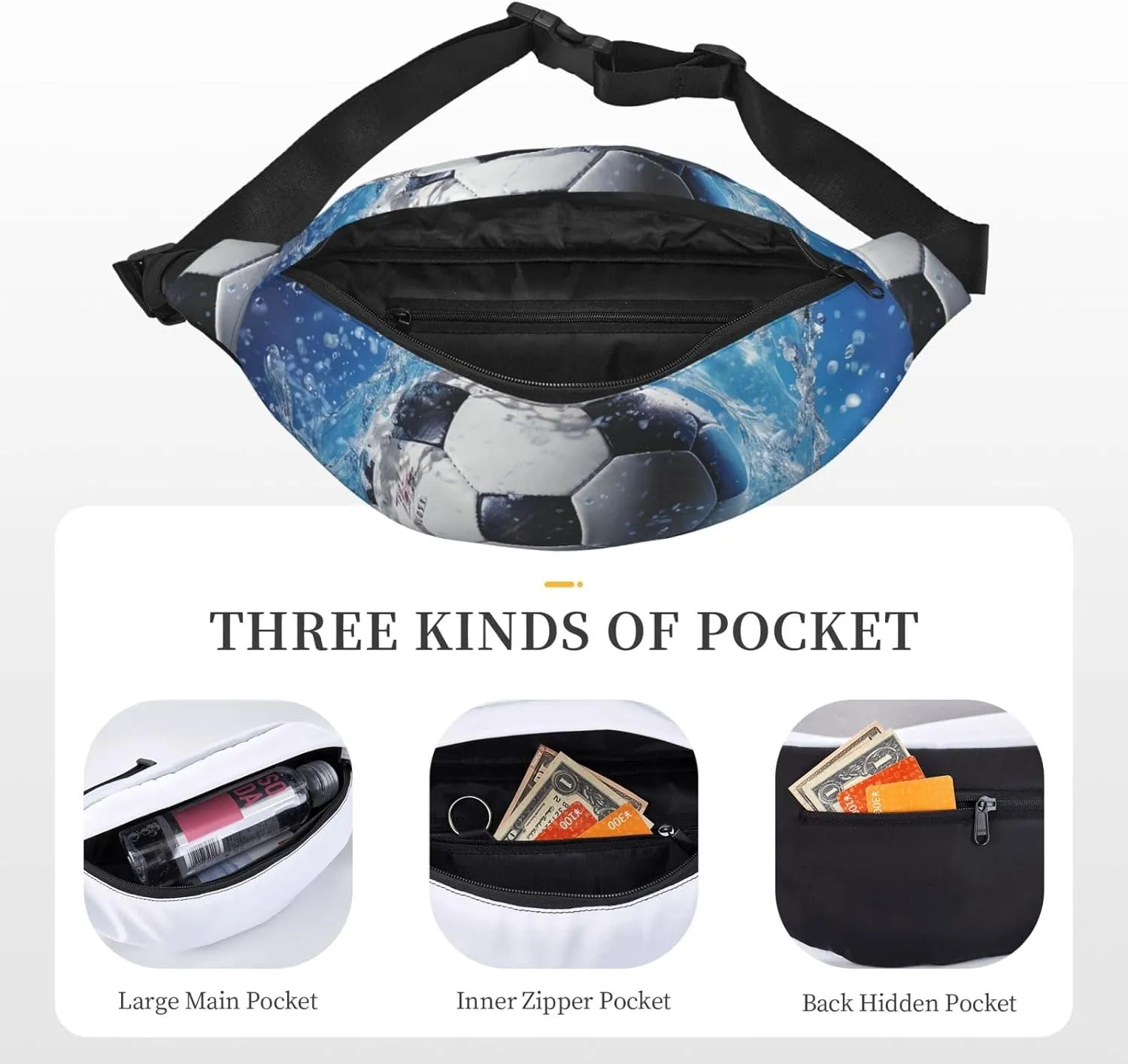 Fanny Pack Belt Bag for Women Men Waterproof Waist Pack Tiger Colorful Sunset Waist Bag with Adjustable Strap, Soccer Ball Water, One Size