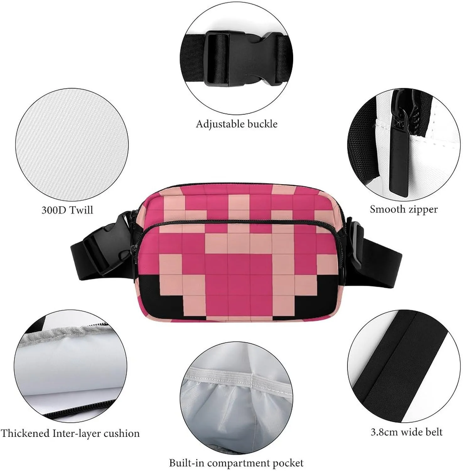 Fanny Pack for Men&Women Crossbody Waist Bag Small Sling Backpack Pixel Shaped Heart Belt Bag