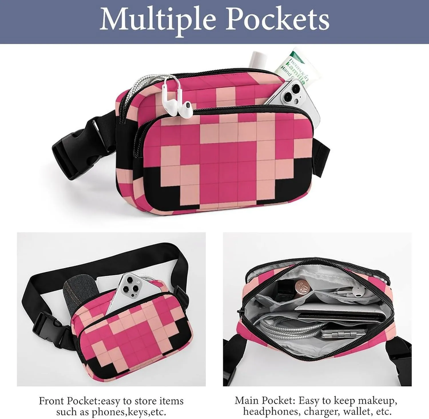 Fanny Pack for Men&Women Crossbody Waist Bag Small Sling Backpack Pixel Shaped Heart Belt Bag