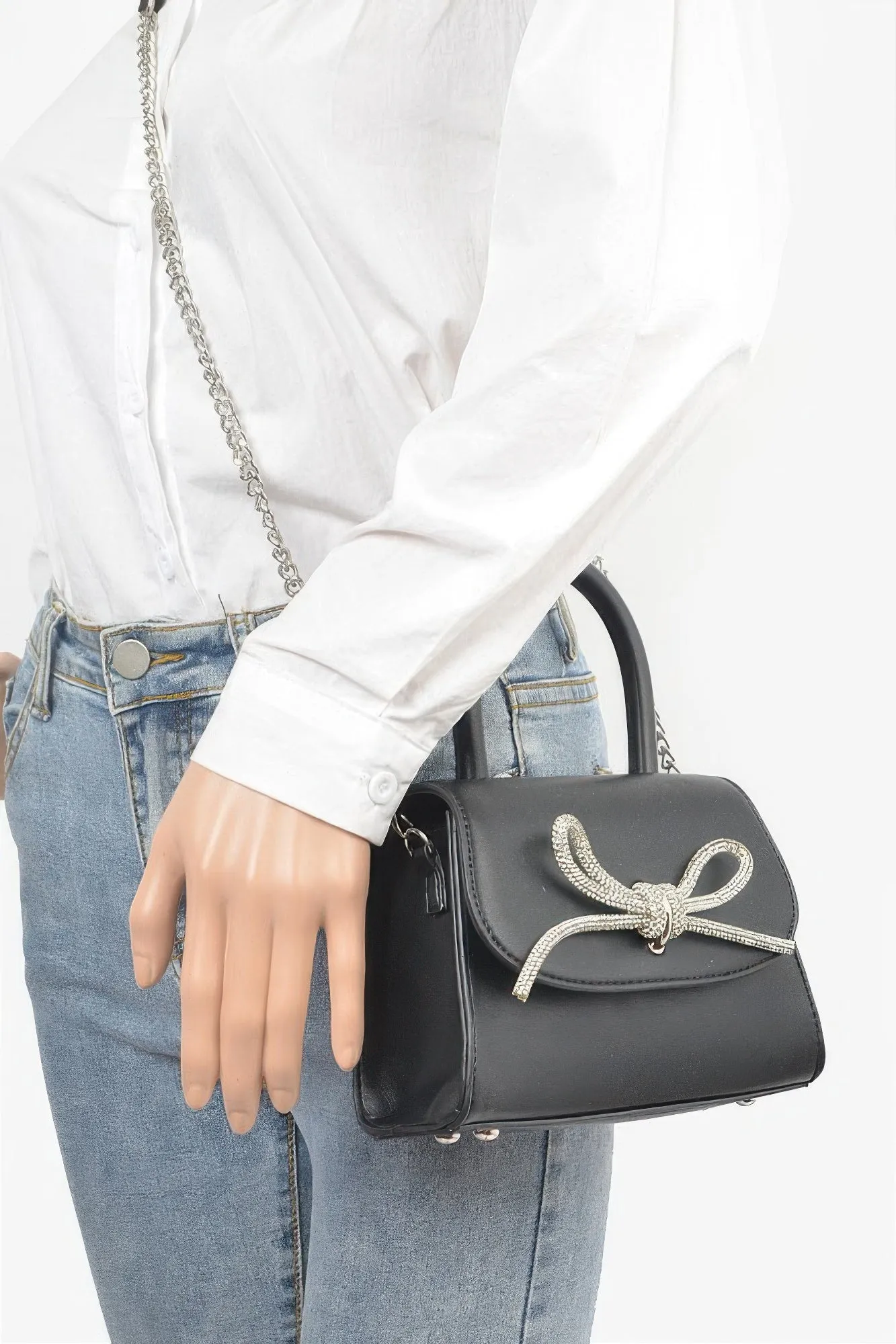 Faux Leather Top Handle Rhinestone Bow Clutch