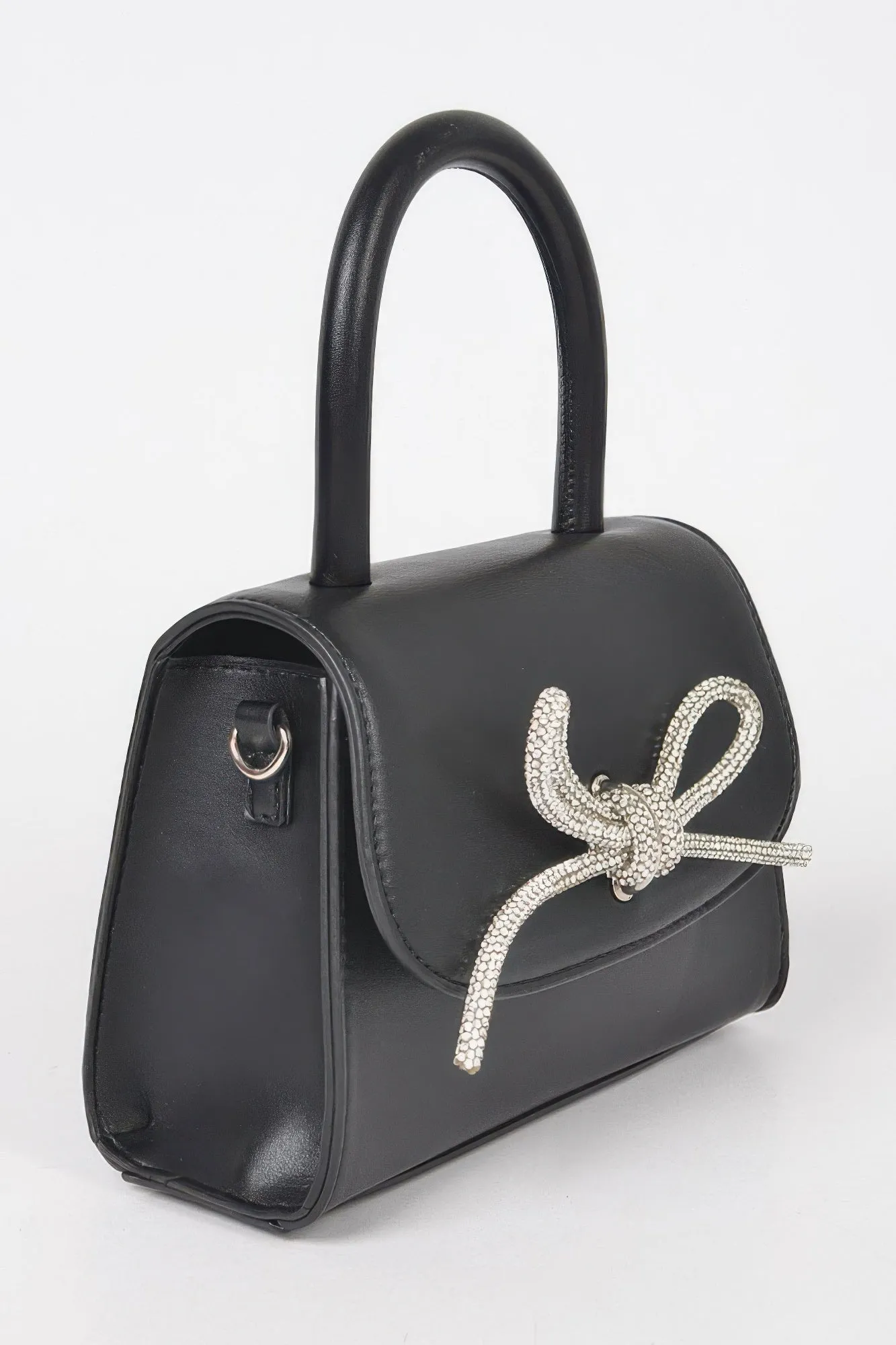 Faux Leather Top Handle Rhinestone Bow Clutch