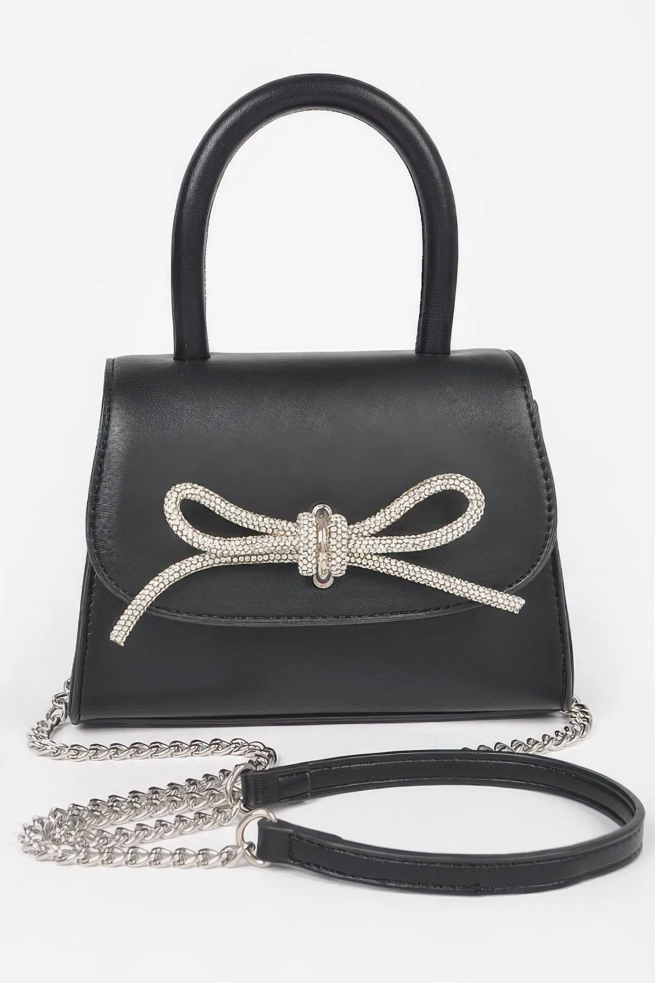 Faux Leather Top Handle Rhinestone Bow Clutch