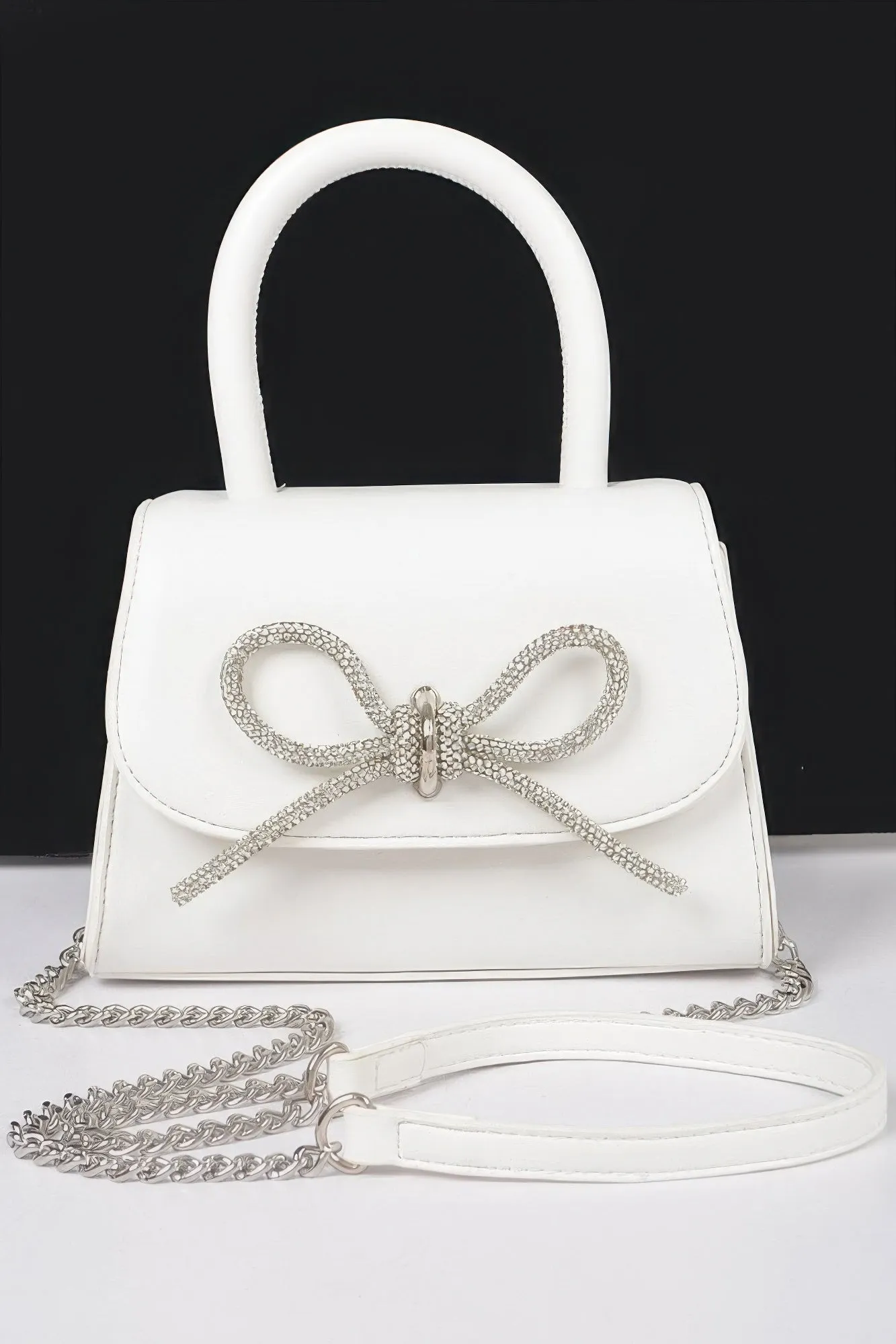 Faux Leather Top Handle Rhinestone Bow Clutch