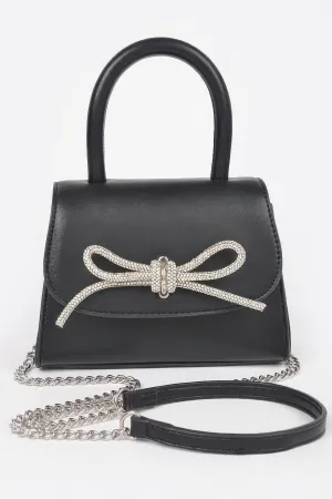 Faux Leather Top Handle Rhinestone Bow Clutch