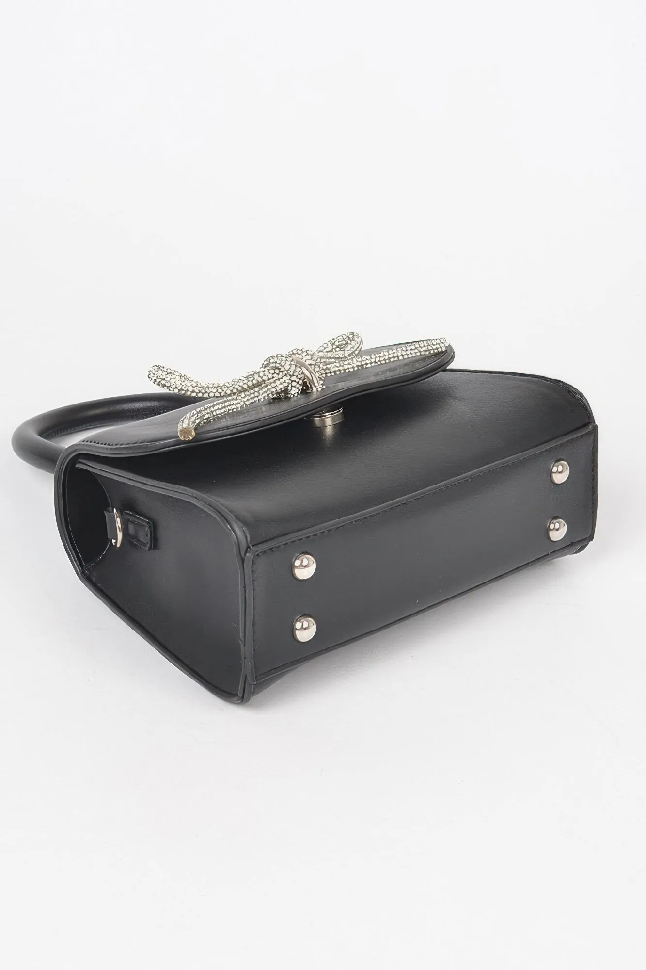 Faux Leather Top Handle Rhinestone Bow Clutch