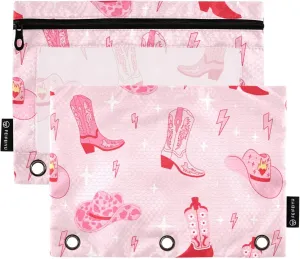Fisyme Pink Western Cowgirl Boots Pencil Pouch for 3 Ring Binder Pencil Case Pencil Bag Zipper Pouch with Clear Window for Office Supplies, 2 Pack