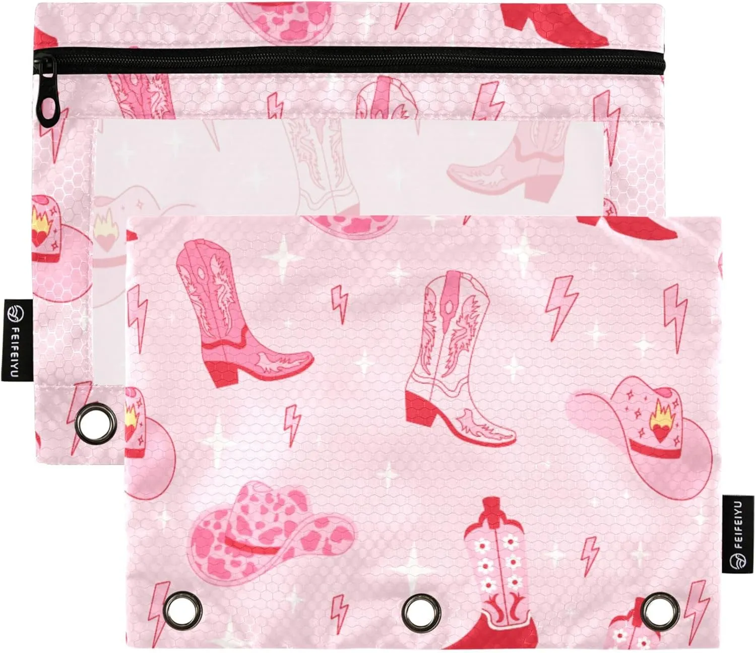 Fisyme Pink Western Cowgirl Boots Pencil Pouch for 3 Ring Binder Pencil Case Pencil Bag Zipper Pouch with Clear Window for Office Supplies, 2 Pack
