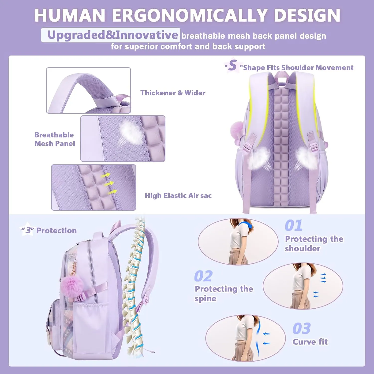 Girls Backpack for School, Kawaii Bookbag for Teen Multiple Pockets School Bag for Primary Elementary Middle School, Age 6-14,Purple