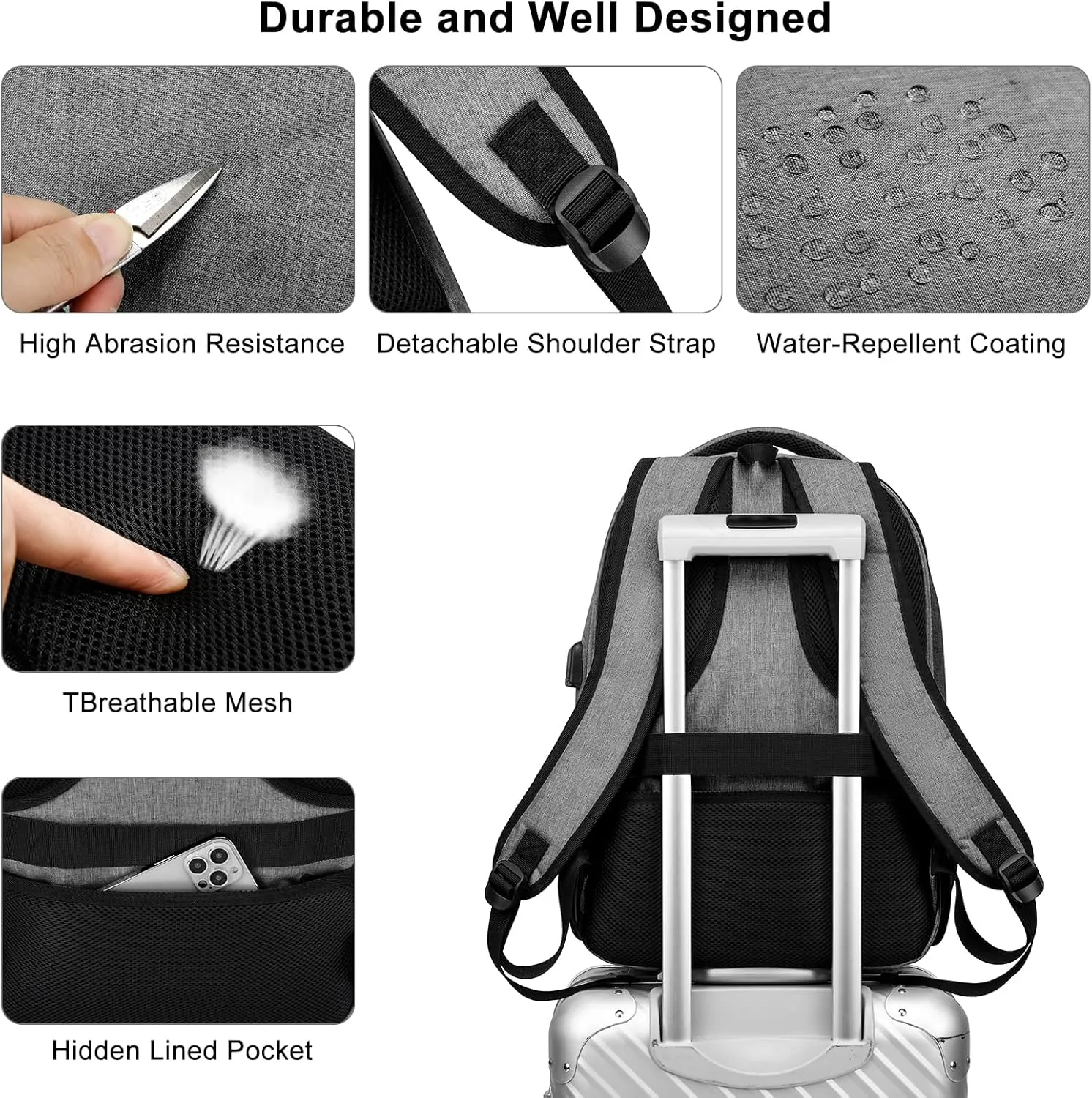 Grey Backpack for School, School BackPack for Teens, Girls and Boys, with 15.6 inch Laptop Bookbag for College, Large Computer Back Pack with Compartments for Men & Women