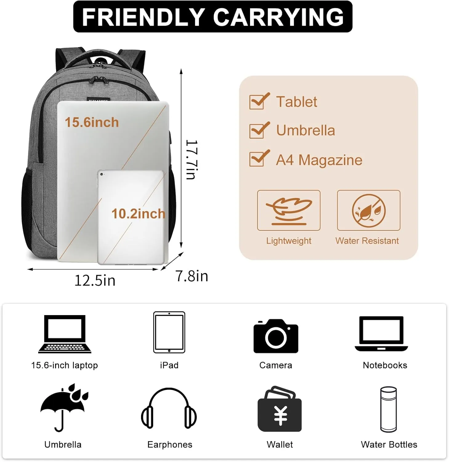 Grey Backpack for School, School BackPack for Teens, Girls and Boys, with 15.6 inch Laptop Bookbag for College, Large Computer Back Pack with Compartments for Men & Women