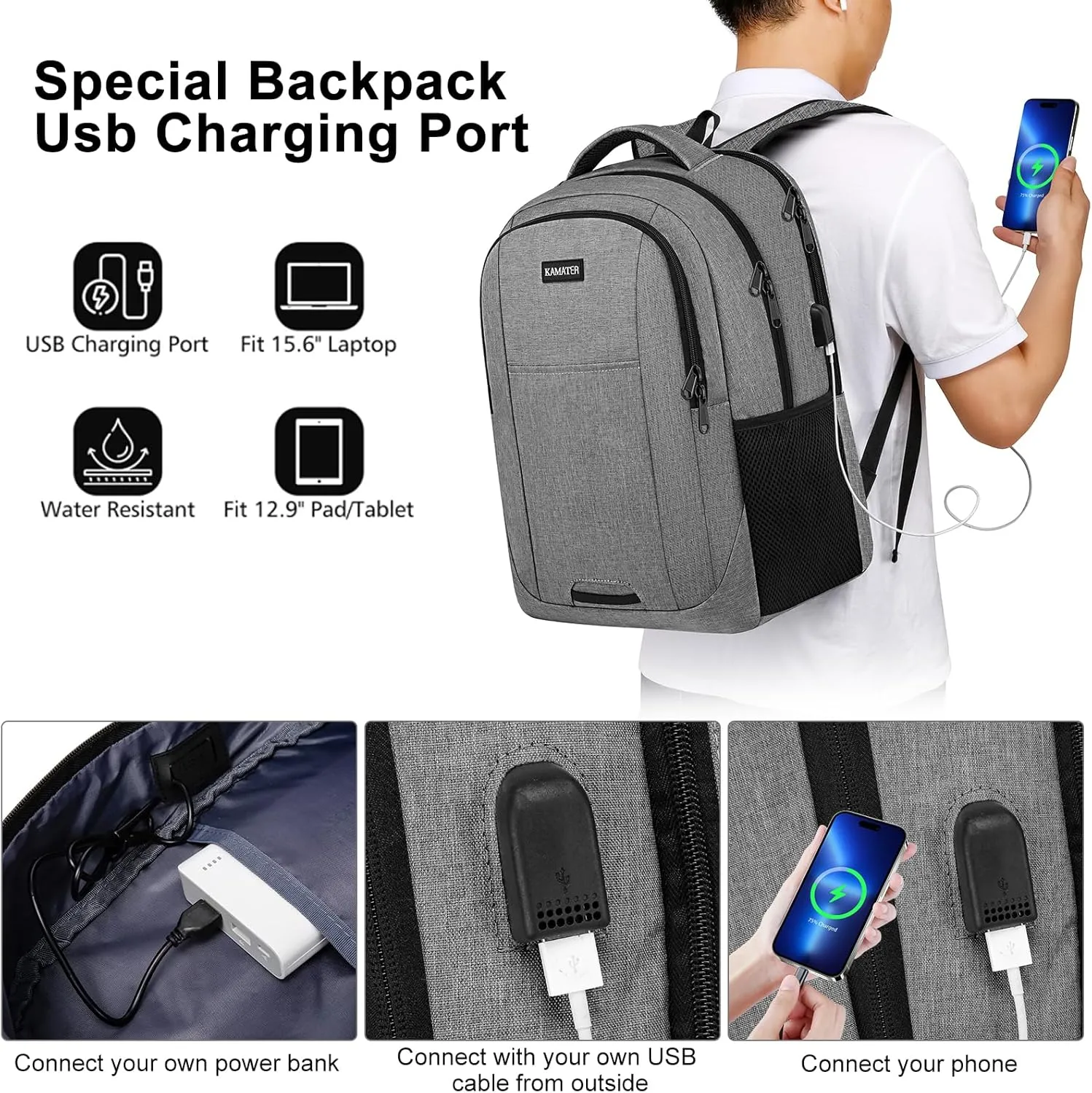 Grey Backpack for School, School BackPack for Teens, Girls and Boys, with 15.6 inch Laptop Bookbag for College, Large Computer Back Pack with Compartments for Men & Women