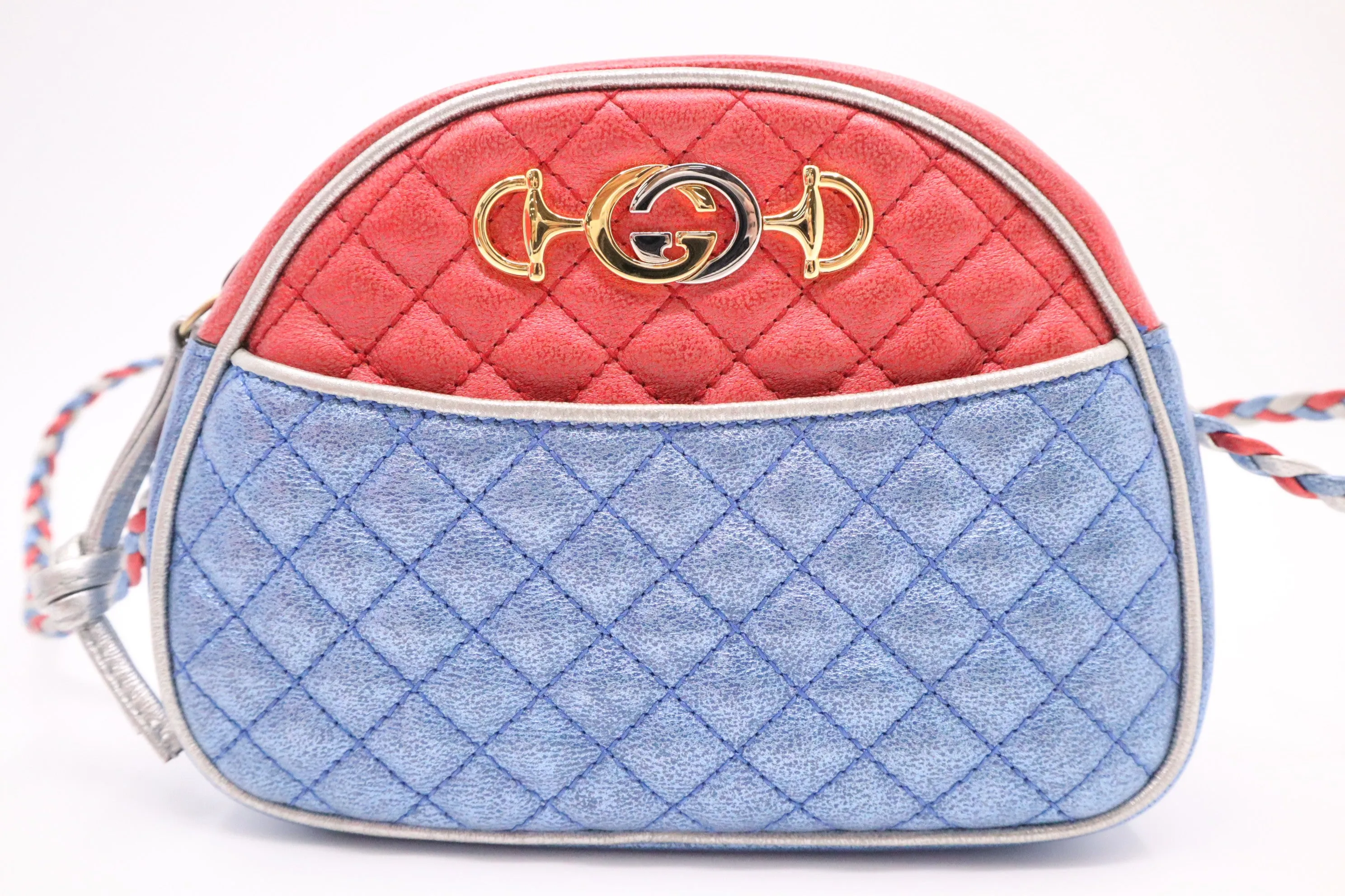 Gucci Trapuntata Crossbody Bag in Blue White and Red Metallic Leather