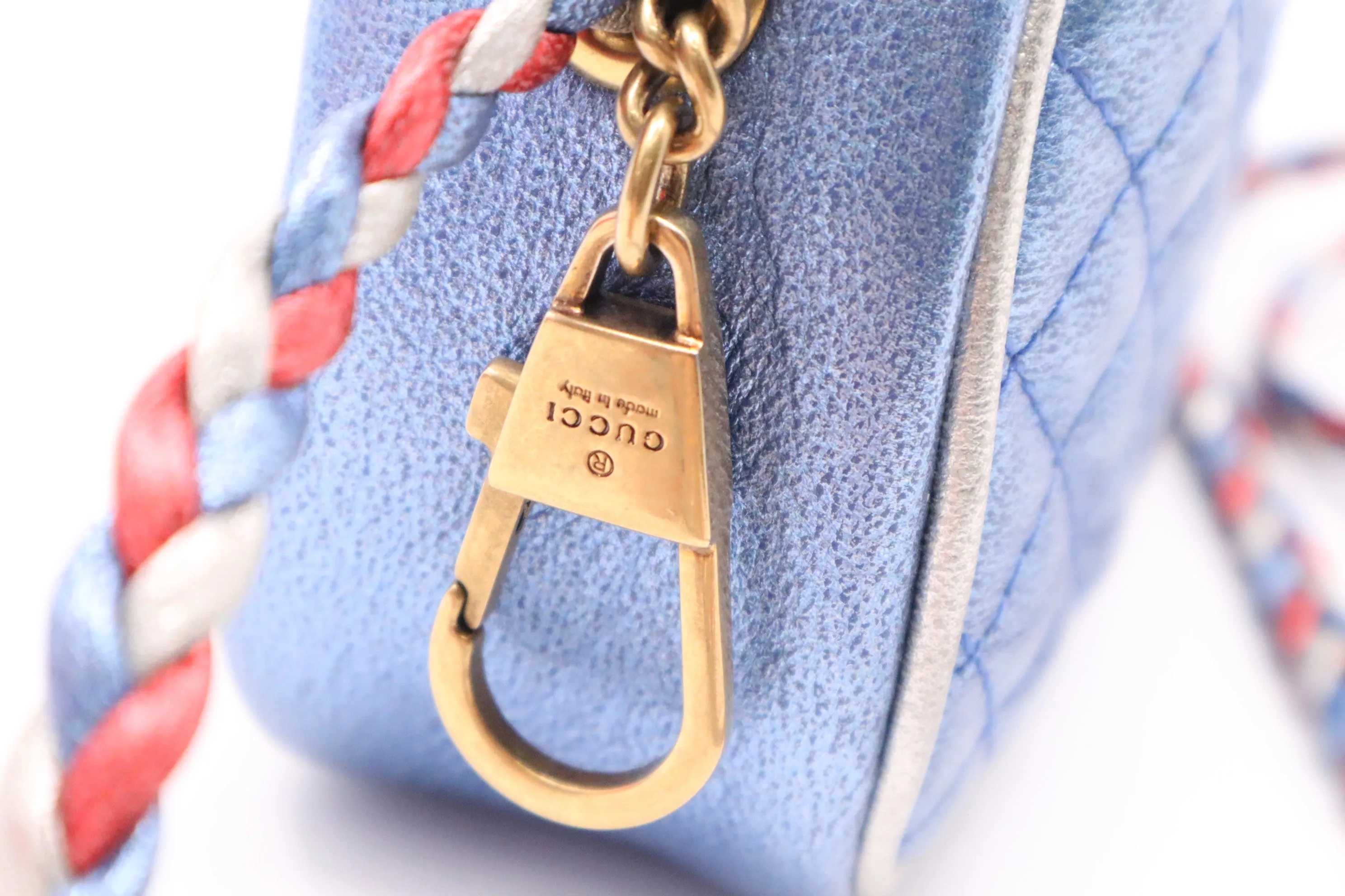 Gucci Trapuntata Crossbody Bag in Blue White and Red Metallic Leather