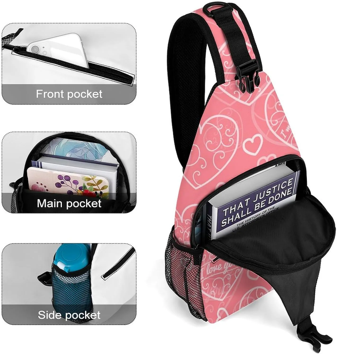 Hearts-pink Sling Bag Crossbody Backpack for Men Women Chest Bag For Travel Hiking Cycling Camping, 38x20cm, Style-2