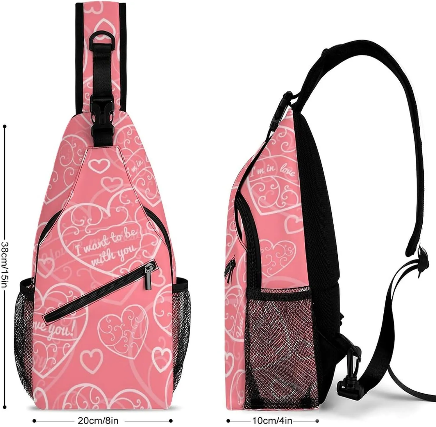 Hearts-pink Sling Bag Crossbody Backpack for Men Women Chest Bag For Travel Hiking Cycling Camping, 38x20cm, Style-2