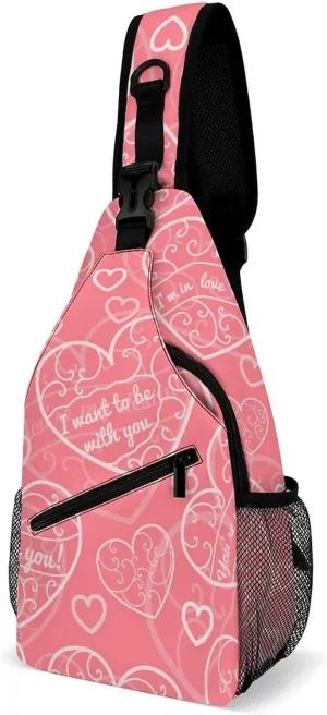 Hearts-pink Sling Bag Crossbody Backpack for Men Women Chest Bag For Travel Hiking Cycling Camping, 38x20cm, Style-2