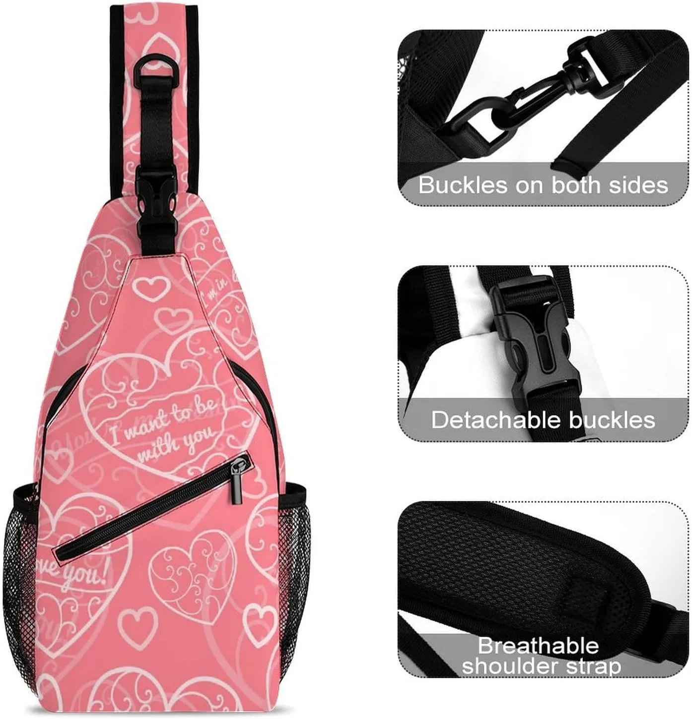 Hearts-pink Sling Bag Crossbody Backpack for Men Women Chest Bag For Travel Hiking Cycling Camping, 38x20cm, Style-2