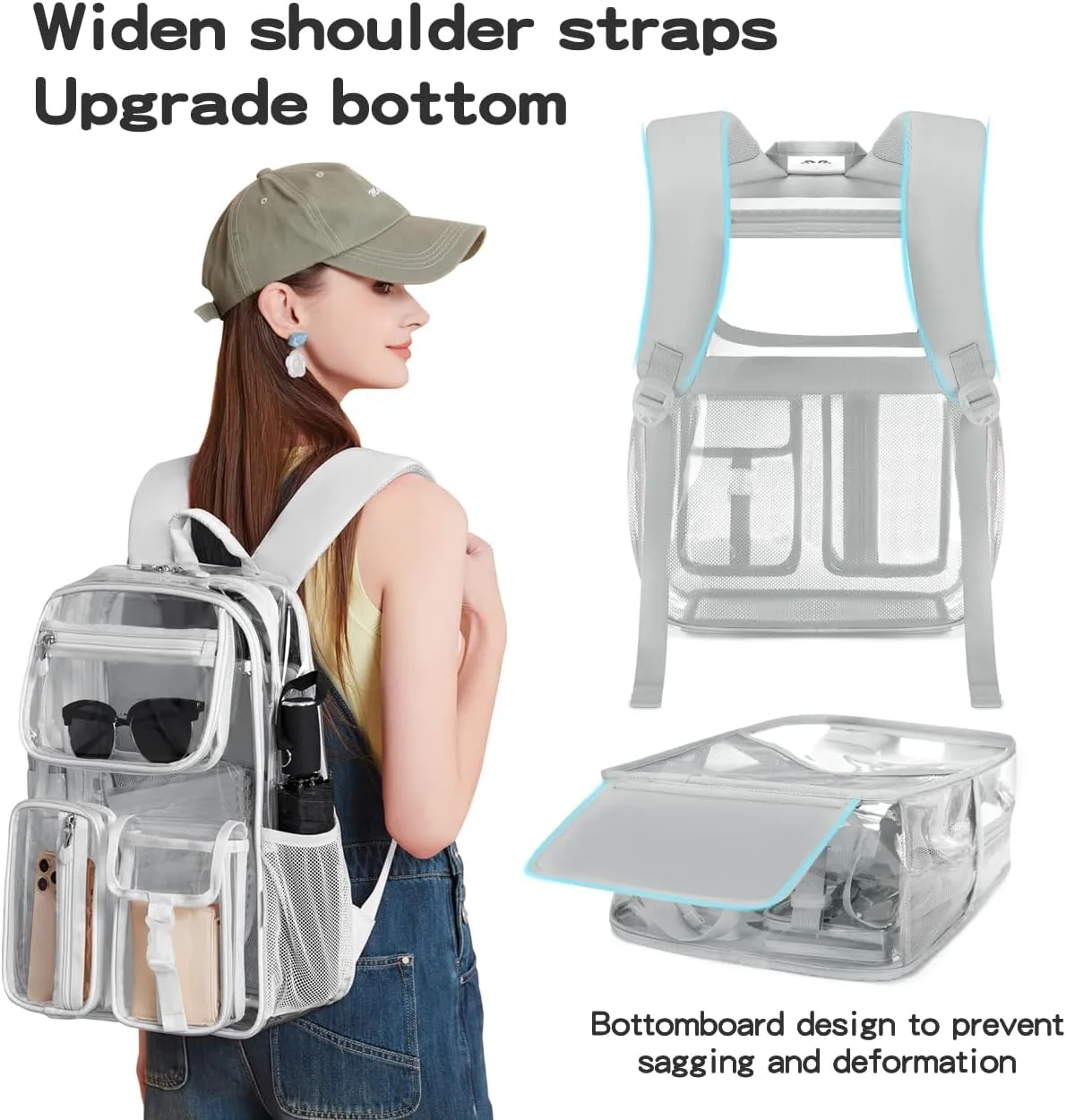 Heavy Duty Clear Backpack Clear BookBag,Stadium backpack 16 x11 x5inch TPU Large Capacity See Through Backpack for Sport Events,Travel (Grey)