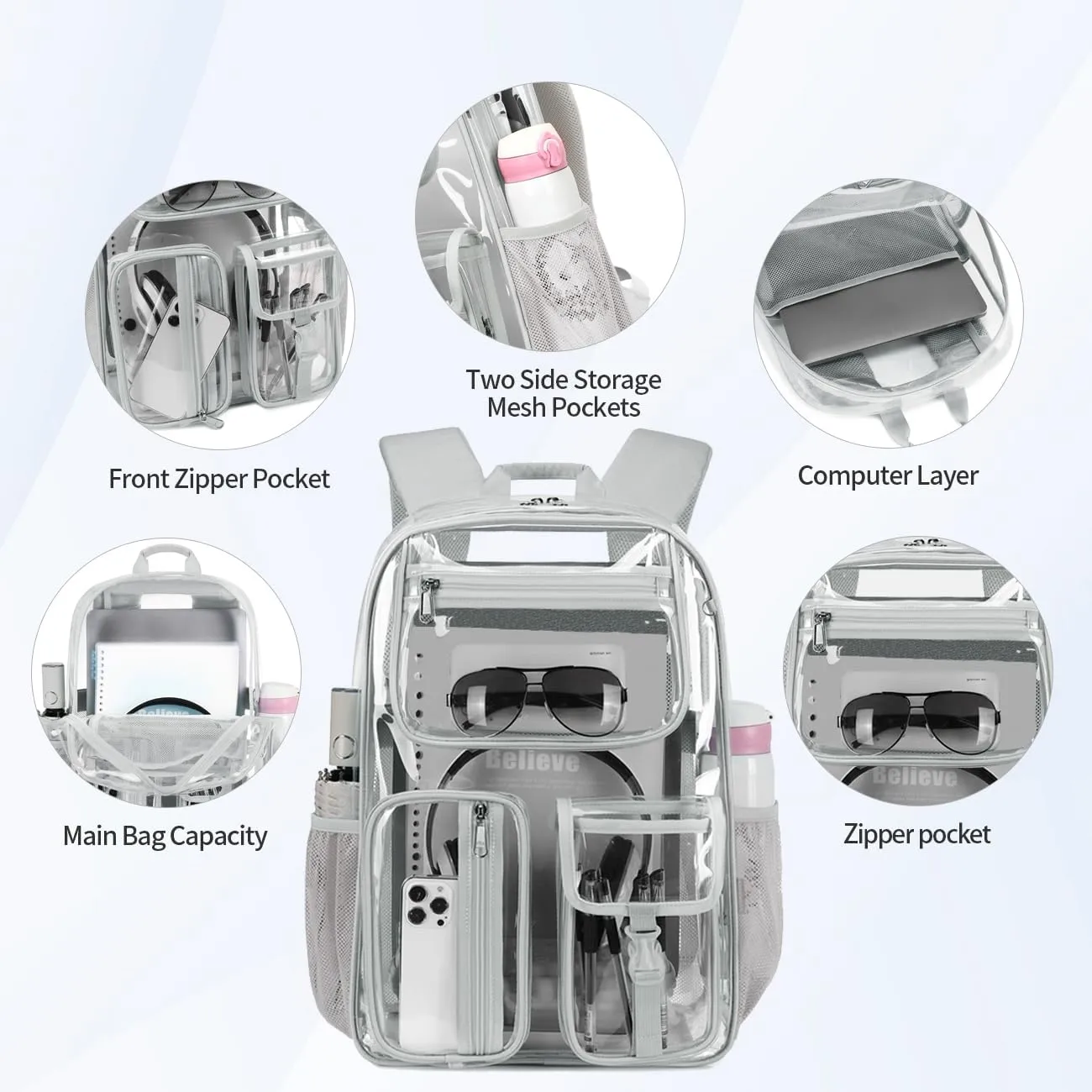 Heavy Duty Clear Backpack Clear BookBag,Stadium backpack 16 x11 x5inch TPU Large Capacity See Through Backpack for Sport Events,Travel (Grey)