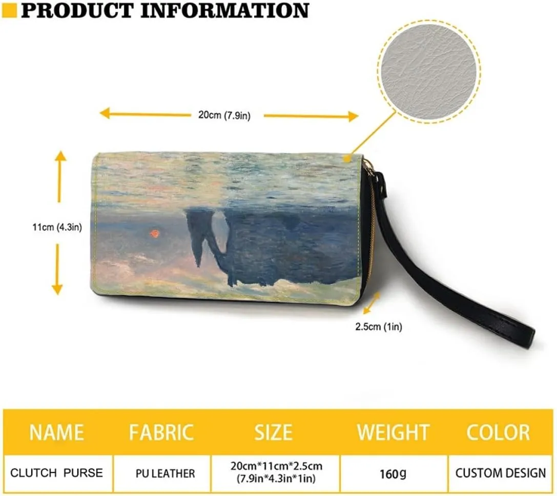 KIDVOVOU Women Van Gogh Rfid Blocking Credit Card Wallet Zipper PU Leather Long Purse Wristle Clutch Wallets,The Manneport, Cliff at Etretat, Sunset