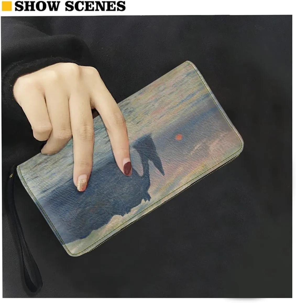 KIDVOVOU Women Van Gogh Rfid Blocking Credit Card Wallet Zipper PU Leather Long Purse Wristle Clutch Wallets,The Manneport, Cliff at Etretat, Sunset