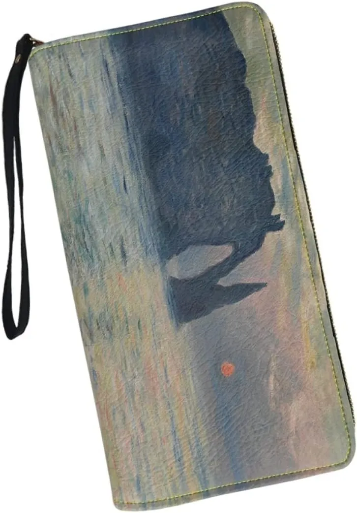 KIDVOVOU Women Van Gogh Rfid Blocking Credit Card Wallet Zipper PU Leather Long Purse Wristle Clutch Wallets,The Manneport, Cliff at Etretat, Sunset