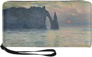 KIDVOVOU Women Van Gogh Rfid Blocking Credit Card Wallet Zipper PU Leather Long Purse Wristle Clutch Wallets,The Manneport, Cliff at Etretat, Sunset