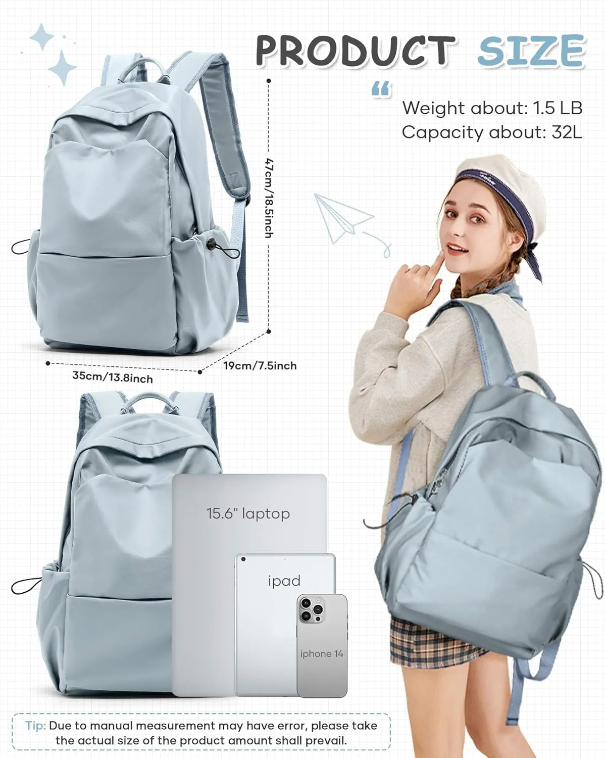 Large Blue Backpack for Men Women, Teenage Girls' Backpack Middle School Students Bookbag Outdoor Daypack, Mochilas para Nias Adolescentes Back to School Travel Gifts