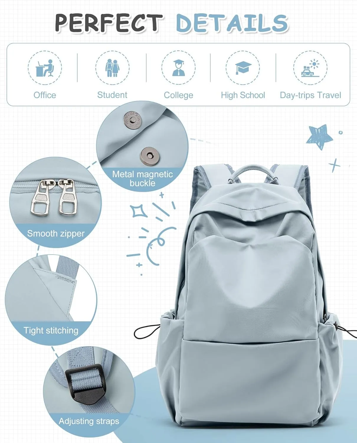 Large Blue Backpack for Men Women, Teenage Girls' Backpack Middle School Students Bookbag Outdoor Daypack, Mochilas para Nias Adolescentes Back to School Travel Gifts
