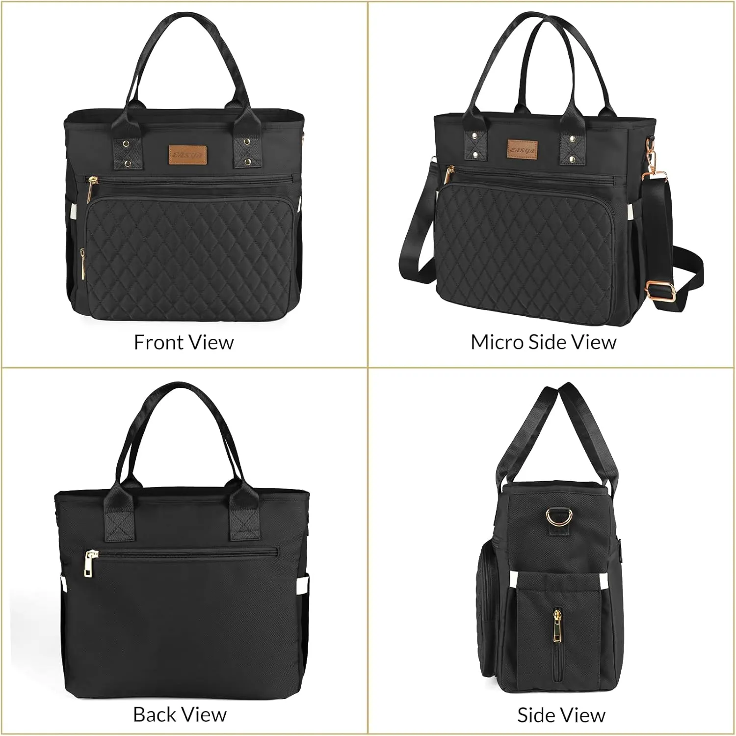 Large Insulated Lunch Bag for Work, Women's Nylon Thermal Lunch Box, Leakproof Cooler Tote Bag with Storage Pocket (Black)