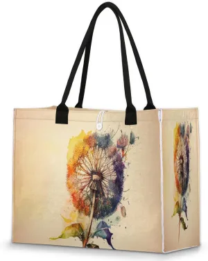 Large Travel Utility Tote Bag for Women Reusable Shopping Bags with Handles Dandelion Watercolor Plant Aesthetic Bolsos Para Mujeres Cute Canvas Bag for Beach School Work Grocery