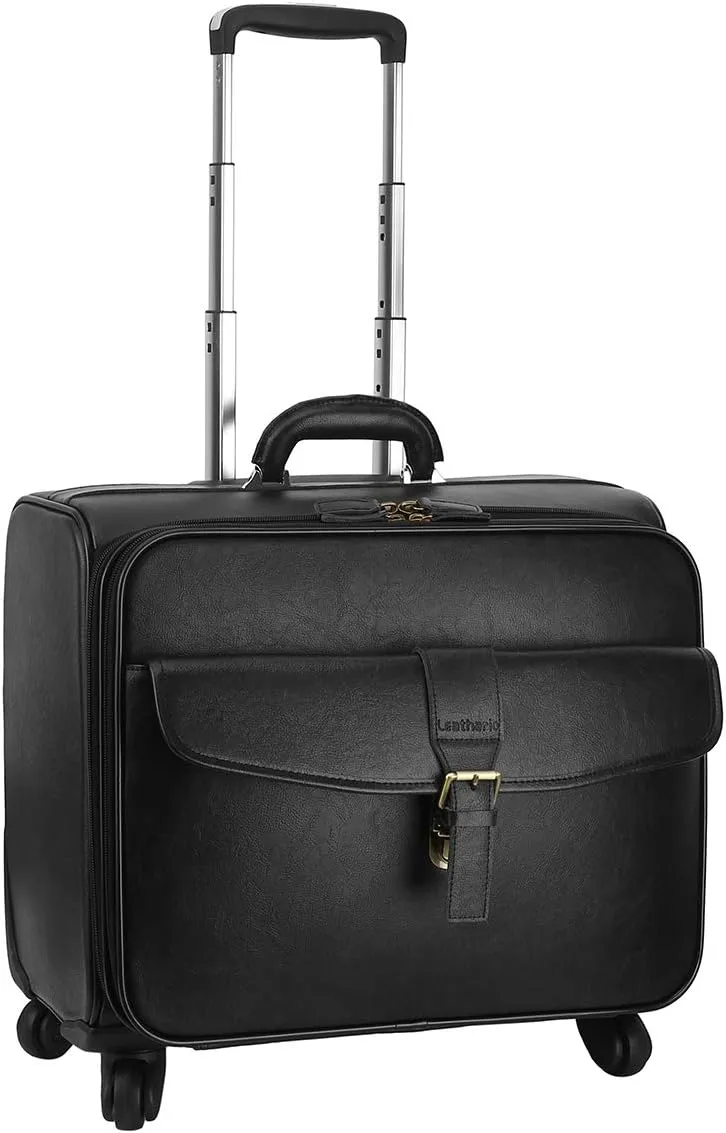 Leathario Leather Rolling Laptop Case Wheeled Briefcase Suitcase Roller Boarding