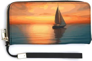 Leather Wallets Waterproof Zip Around Clutch Bag Sunset Beach Credit Card Holder Clutch Purse for Women Ladies