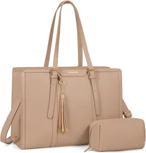 LOVEVOOK Laptop Bag for Women 15.6 inch Lightweight PU Laptop Tote Bag, Large Capacity Computer bag with Clutch Purse for Business, Work, Office, Travel,SchoolCasualLight Brown15.6 Inch