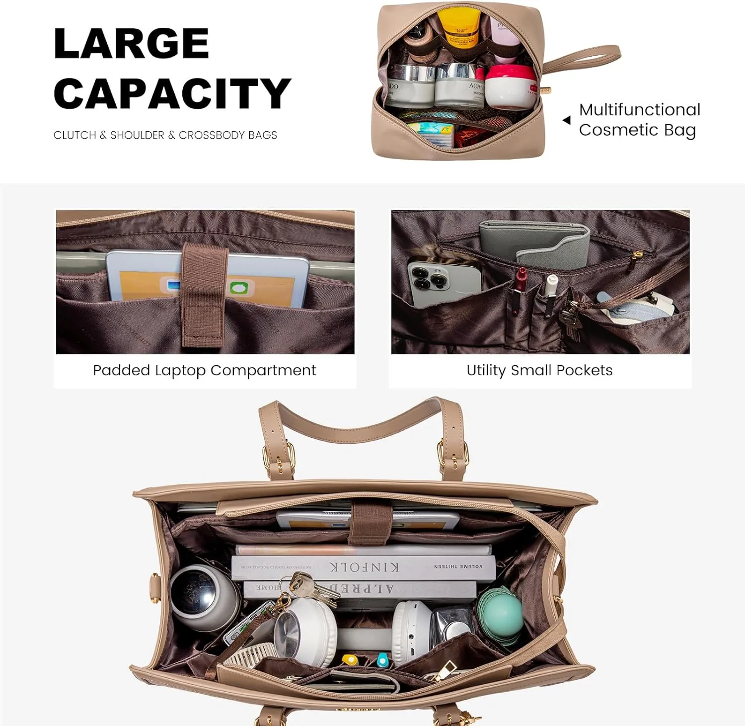 LOVEVOOK Laptop Bag for Women 15.6 inch Lightweight PU Laptop Tote Bag, Large Capacity Computer bag with Clutch Purse for Business, Work, Office, Travel,SchoolCasualLight Brown15.6 Inch