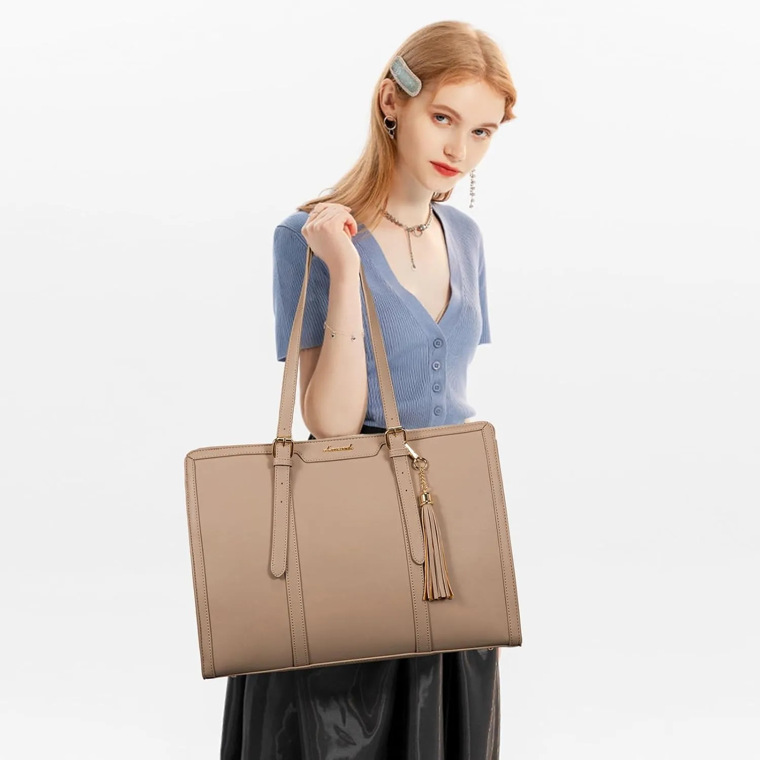 LOVEVOOK Laptop Bag for Women 15.6 inch Lightweight PU Laptop Tote Bag, Large Capacity Computer bag with Clutch Purse for Business, Work, Office, Travel,SchoolCasualLight Brown15.6 Inch