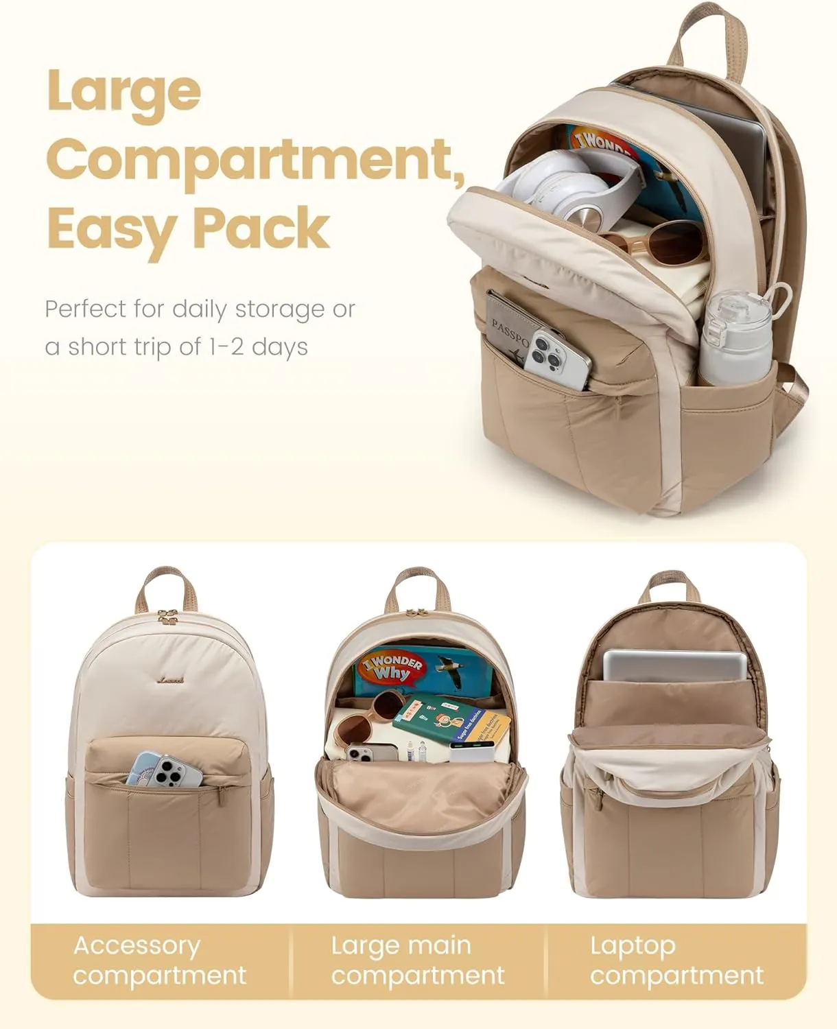 LOVEVOOK Travel Backpack for Women, Lightweight Quilted Puffy Laptop Backpack Purse, Teacher Backpack Nurse Bag Work Computer Bag, Cute Bookbag Waterproof Casual Daypack, 15.6 Inch, Beige-Khaki