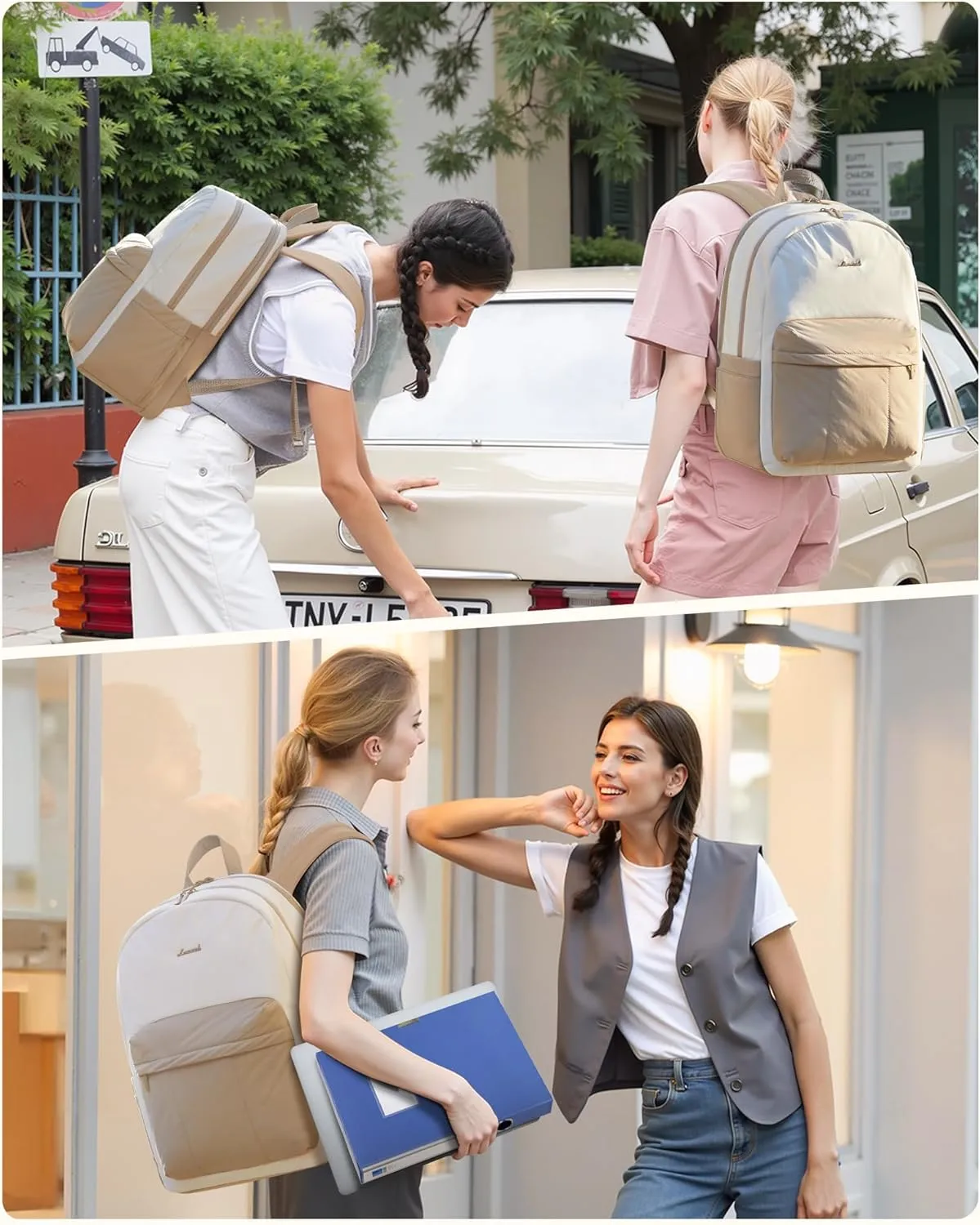 LOVEVOOK Travel Backpack for Women, Lightweight Quilted Puffy Laptop Backpack Purse, Teacher Backpack Nurse Bag Work Computer Bag, Cute Bookbag Waterproof Casual Daypack, 15.6 Inch, Beige-Khaki