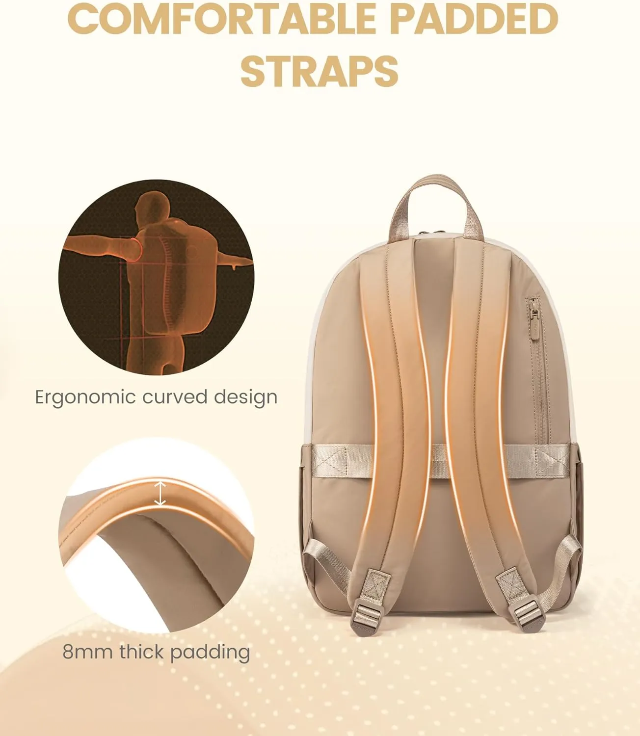 LOVEVOOK Travel Backpack for Women, Lightweight Quilted Puffy Laptop Backpack Purse, Teacher Backpack Nurse Bag Work Computer Bag, Cute Bookbag Waterproof Casual Daypack, 15.6 Inch, Beige-Khaki