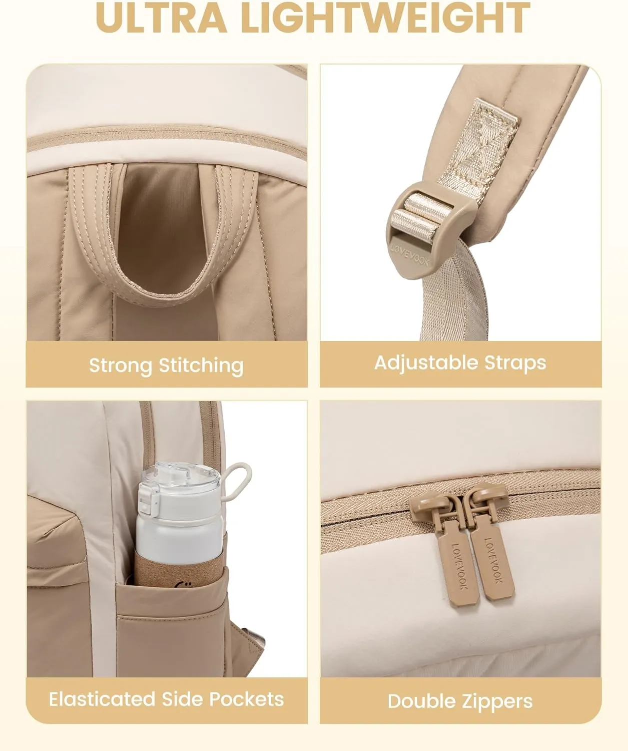 LOVEVOOK Travel Backpack for Women, Lightweight Quilted Puffy Laptop Backpack Purse, Teacher Backpack Nurse Bag Work Computer Bag, Cute Bookbag Waterproof Casual Daypack, 15.6 Inch, Beige-Khaki